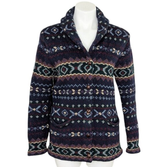 VTG Lauren Ralph Lauren Handknit Lambswool Button Up Southwestern Cardigan - Picture 1 of 8